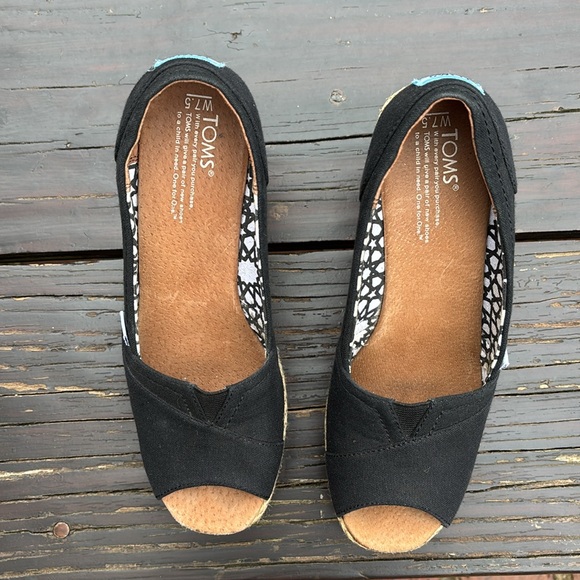 Toms Black Canvas Woven Wedges Open Toe Women Size 7.5W - Picture 9 of 10